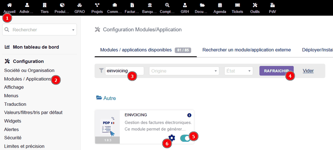 Activation du module EInvoicing dans la configuration des modules Dolibarr
