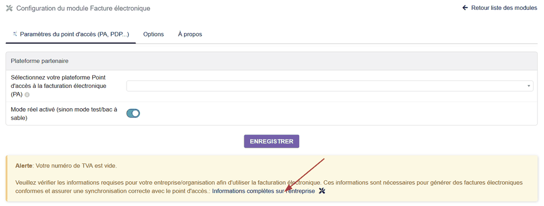 Page de configuration du module EInvoicing avec l'alerte sur les informations de société