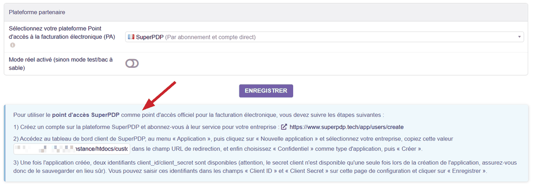 Sélection de SuperPDP en compte direct et instructions affichées par le module