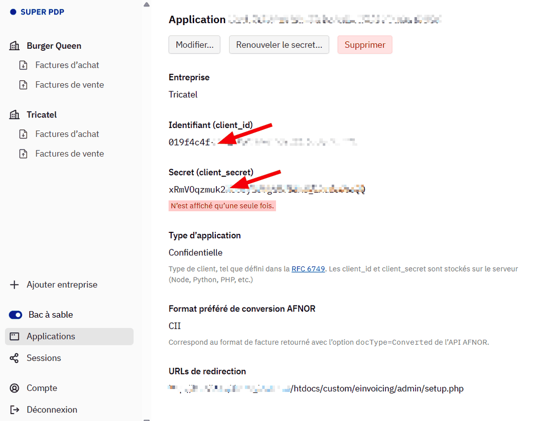 Écran de l'application créée dans l'espace SuperPDP montrant client_id et client_secret