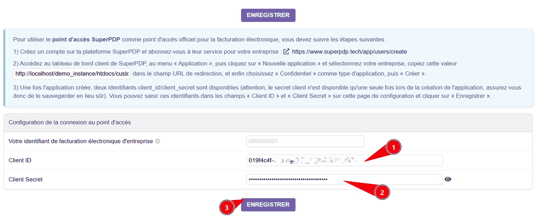 Saisie du Client ID et du Client Secret dans la configuration du module EInvoicing