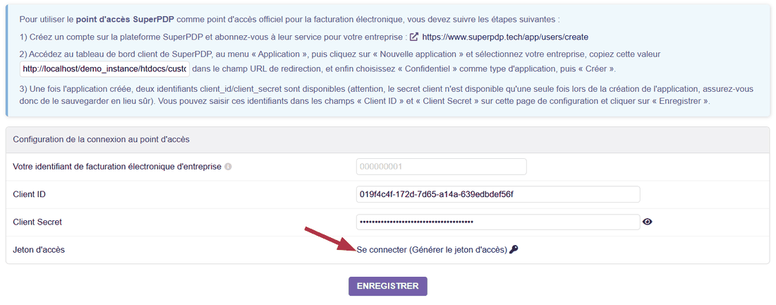 Lien Se connecter pour générer le jeton d'accès