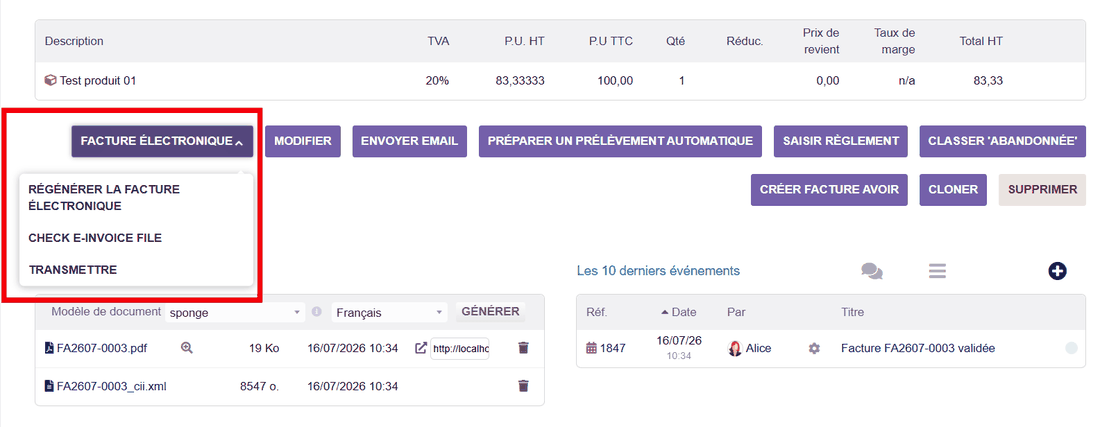 Bouton Facture électronique avec les actions Régénérer, Check et Transmettre