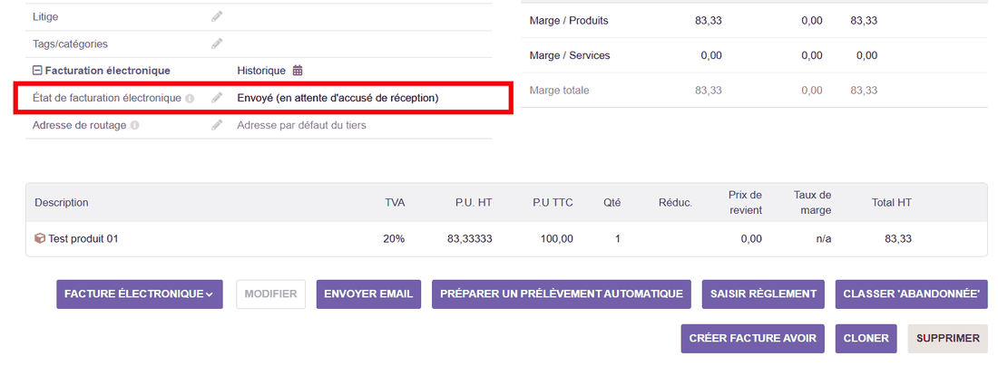 État de facturation électronique Envoyé sur la fiche facture