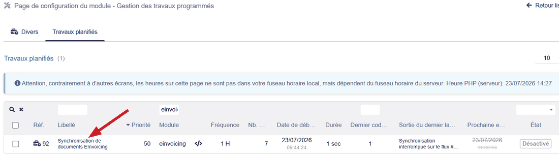 Liste des travaux planifiés contenant le job Synchronisation de documents EInvoicing